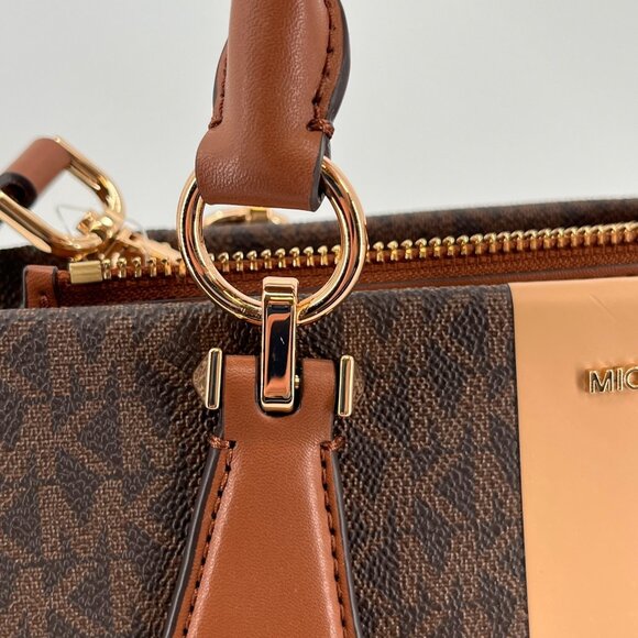 Michael Kors Marilyn Medium Logo Stripe Satchel Brown Mask Canvas Leather Trim - Picture 6 of 16